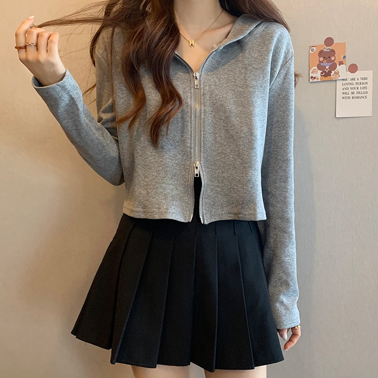 Autumn and winter student hooded retro tops short loose zip coat