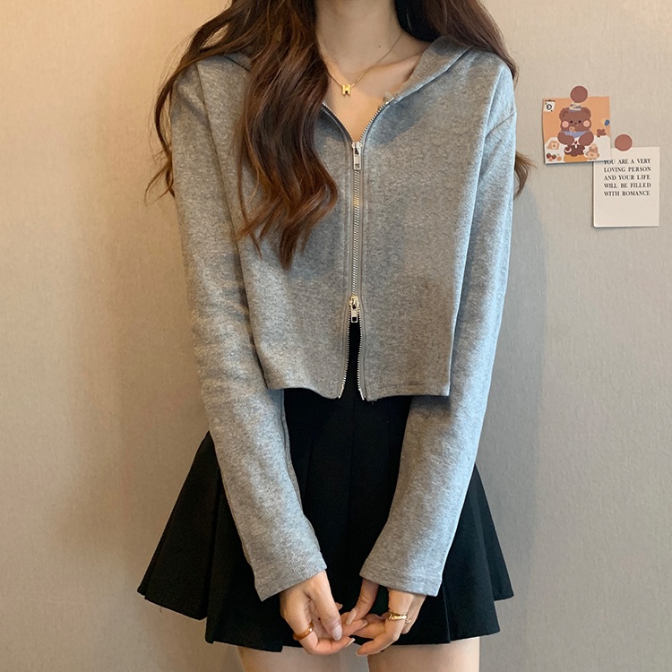 Autumn and winter student hooded retro tops short loose zip coat