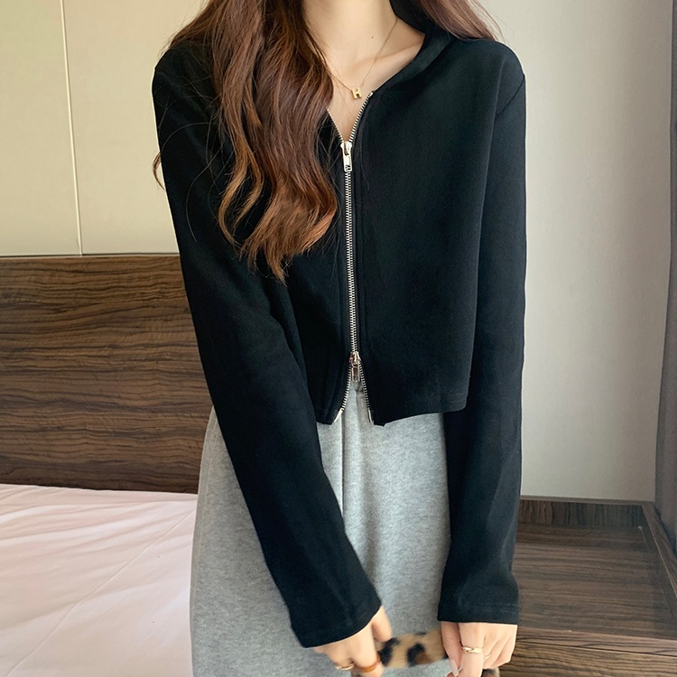 Autumn and winter student hooded retro tops short loose zip coat