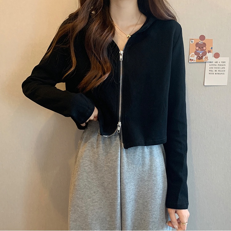 Autumn and winter student hooded retro tops short loose zip coat