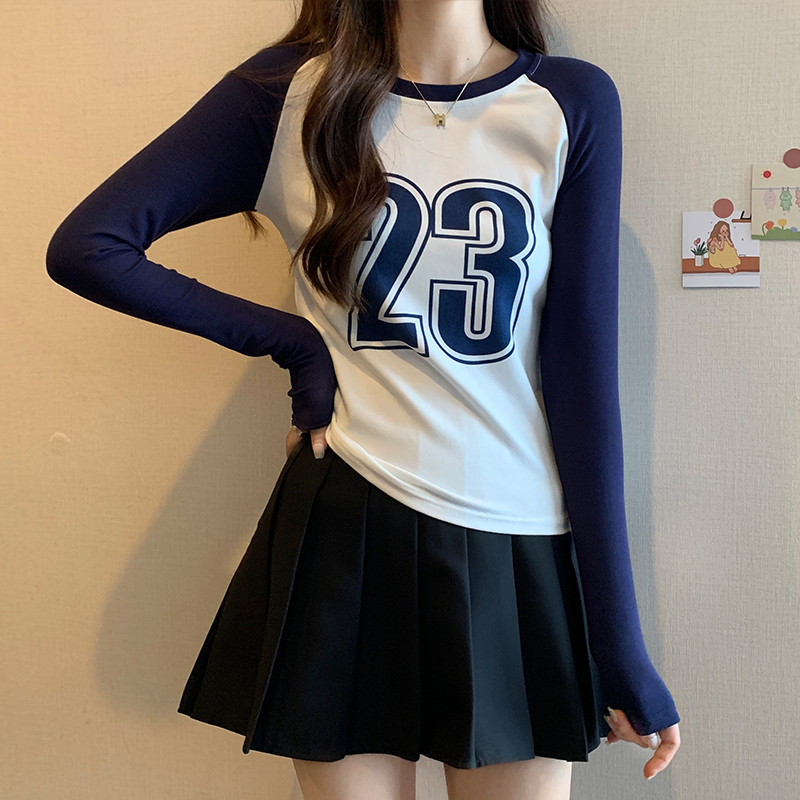 Mixed colors splice T-shirt long sleeve tops for women