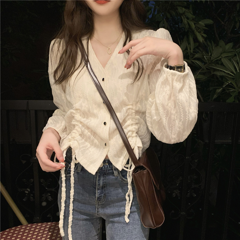 Retro long sleeve shirt drawstring short tops