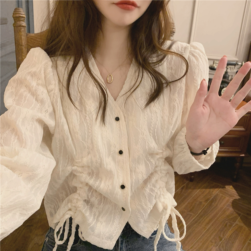 Retro long sleeve shirt drawstring short tops