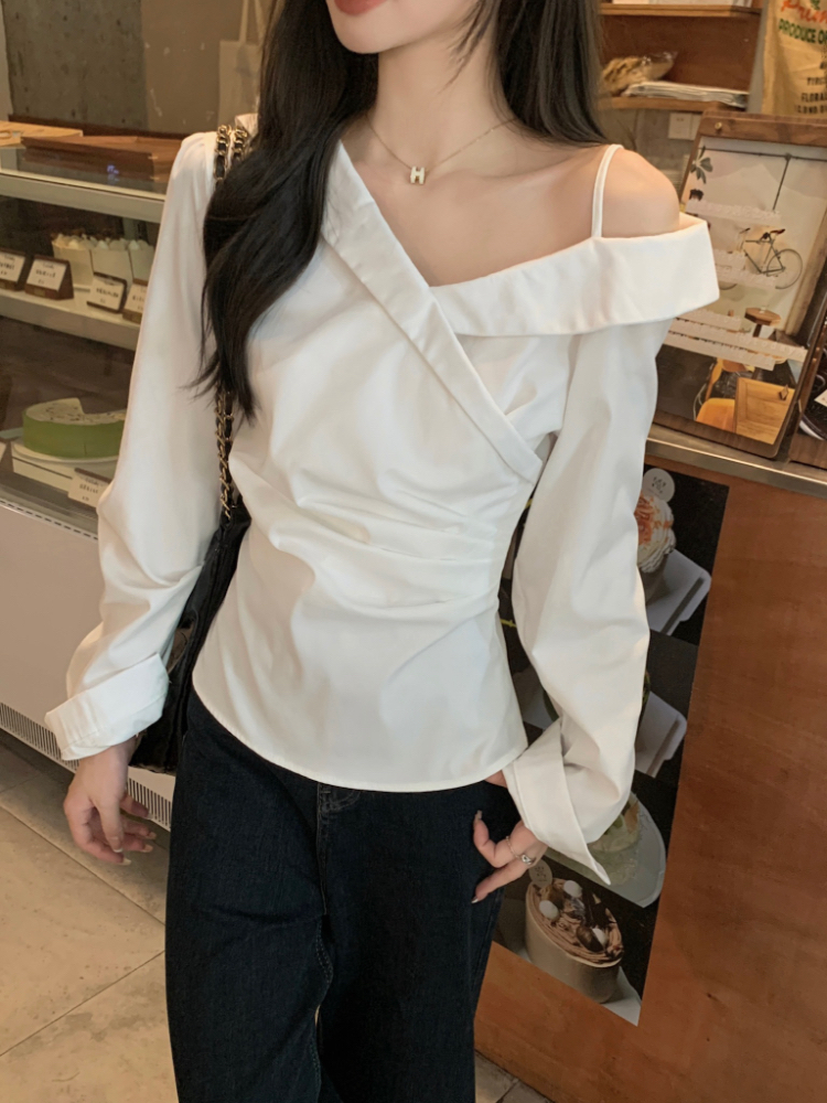 Korean style slim long sleeve white V-neck shirt for women