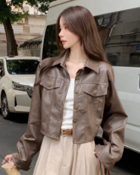 Korean style PU lapel short long sleeve coat