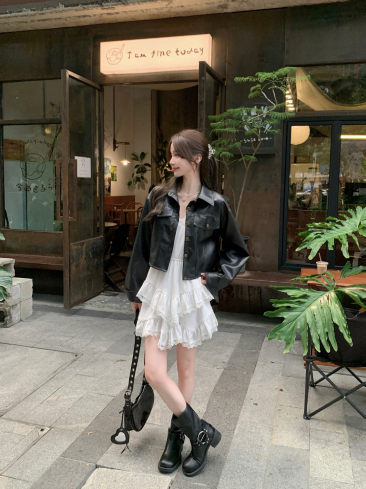 Korean style PU lapel short long sleeve coat