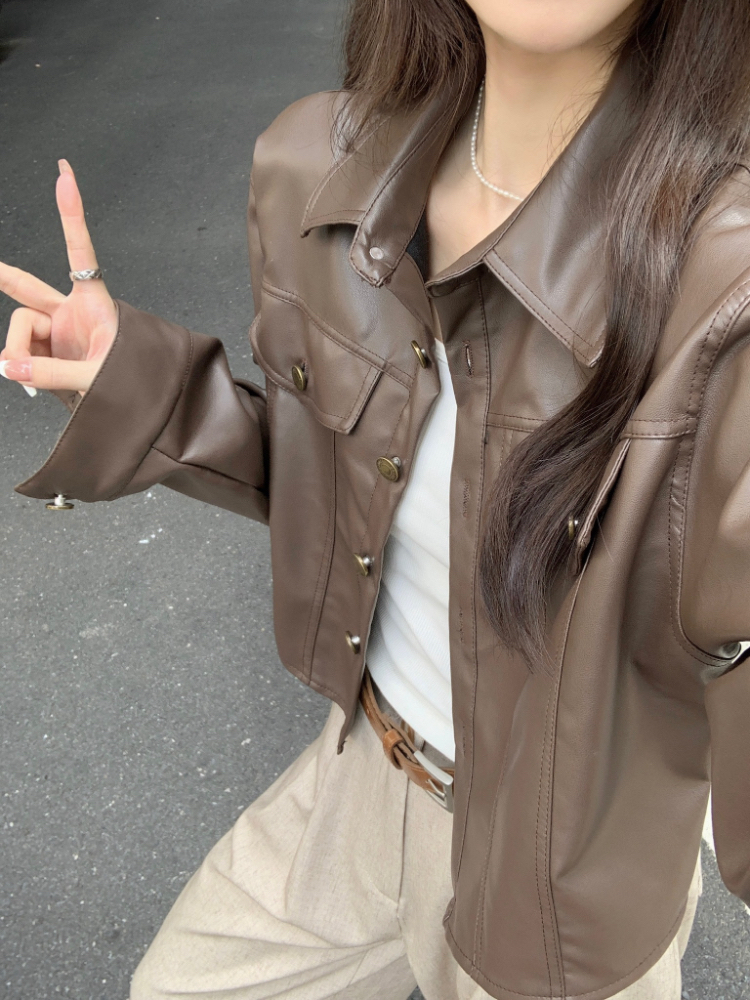 Korean style PU lapel short long sleeve coat