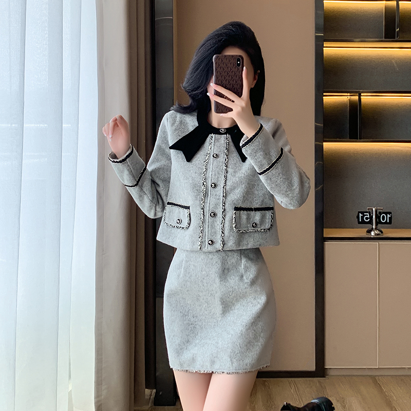 Slim chanelstyle short skirt winter bow skirt 2pcs set