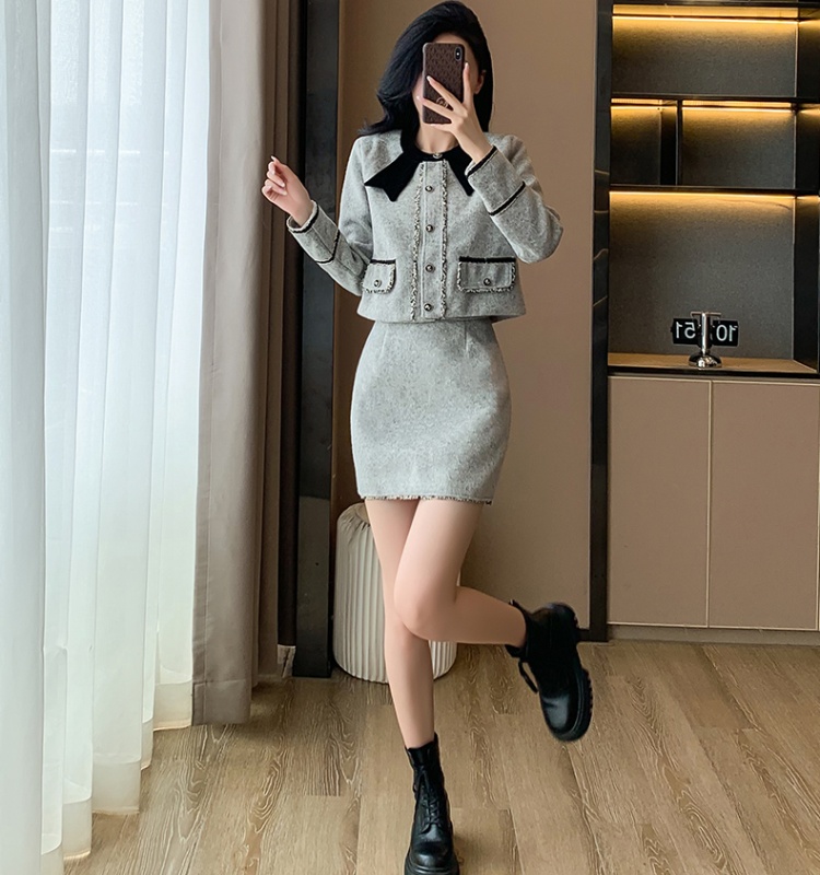 Slim chanelstyle short skirt winter bow skirt 2pcs set