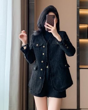 Slim chanelstyle shorts black coat 2pcs set for women