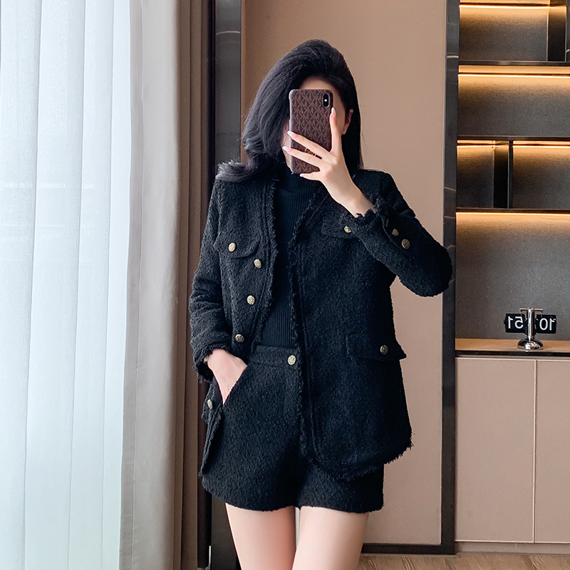 Slim chanelstyle shorts black coat 2pcs set for women