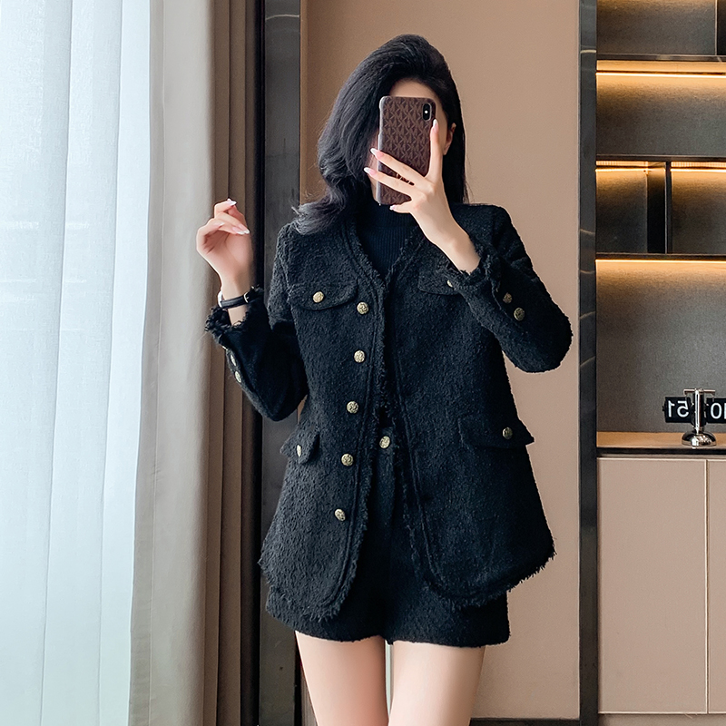 Slim chanelstyle shorts black coat 2pcs set for women