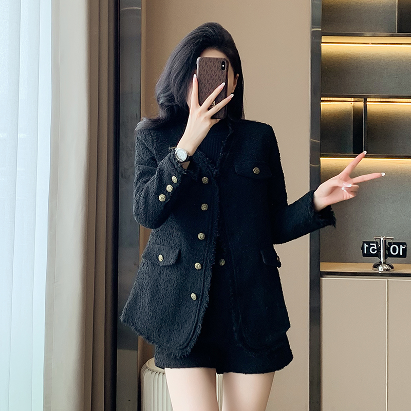 Slim chanelstyle shorts black coat 2pcs set for women