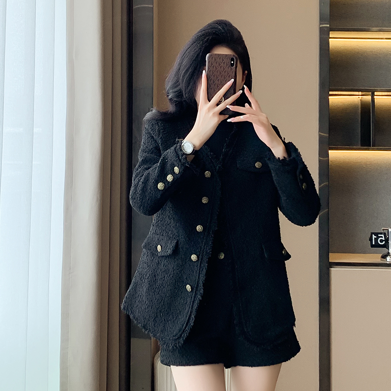 Slim chanelstyle shorts black coat 2pcs set for women