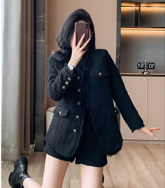 Slim chanelstyle shorts black coat 2pcs set for women