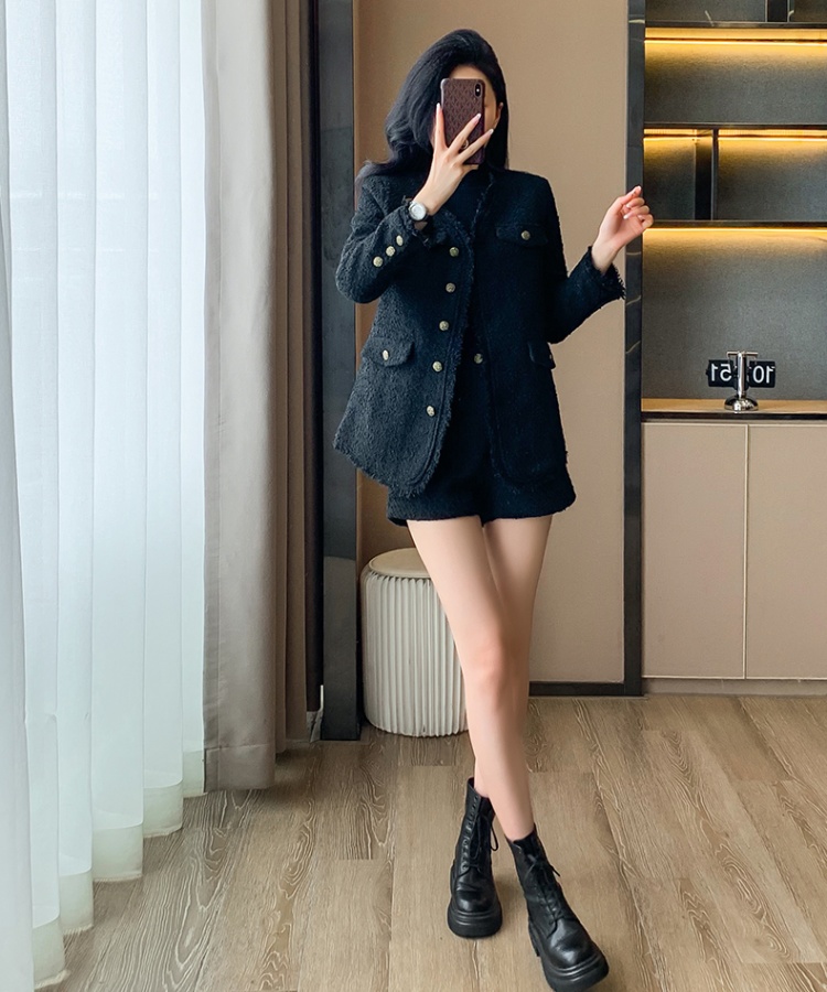 Slim chanelstyle shorts black coat 2pcs set for women