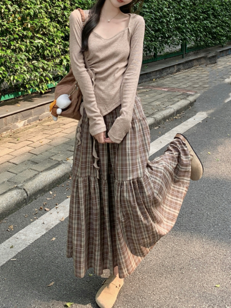 Retro Korean style A-line all-match plaid skirt for women