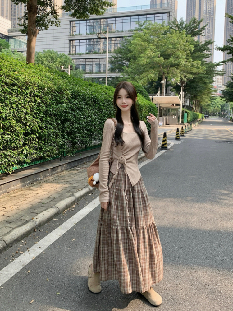 Retro Korean style A-line all-match plaid skirt for women