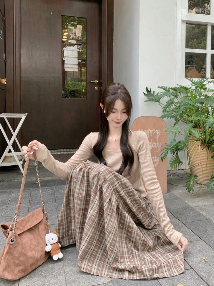 Retro Korean style A-line all-match plaid skirt for women