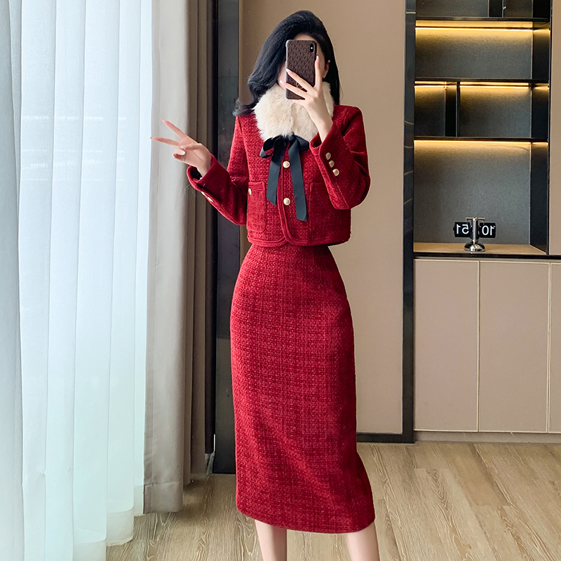 Plus cotton ladies coat red small dress 2pcs set