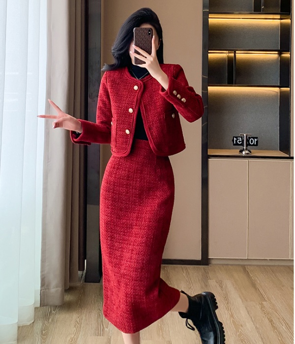 Plus cotton ladies coat red small dress 2pcs set