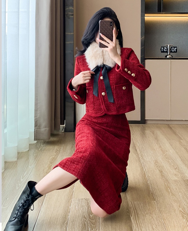 Plus cotton ladies coat red small dress 2pcs set