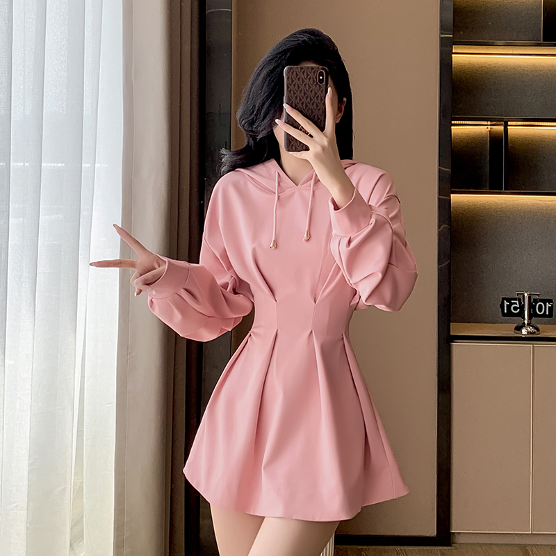 Niche winter hooded dress slim long sleeve T-back