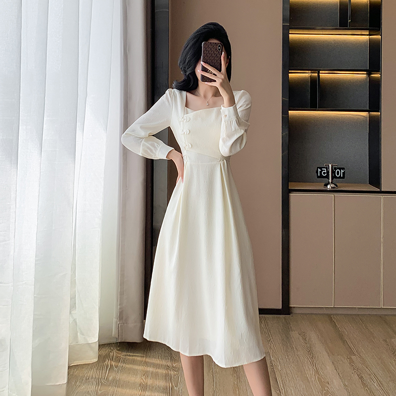 Square collar autumn temperament dress for women