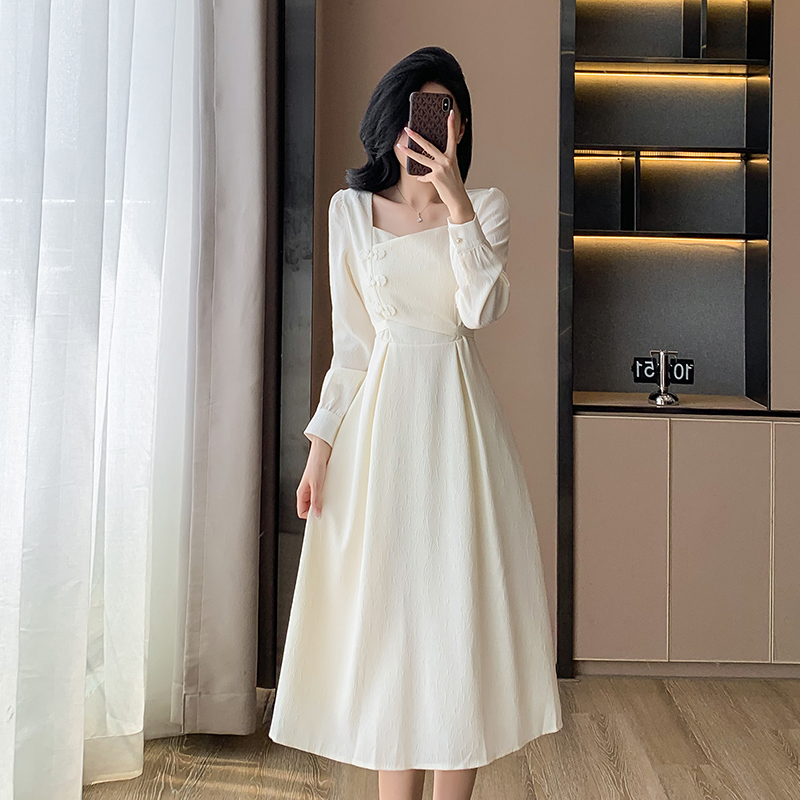 Square collar autumn temperament dress for women