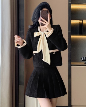 Bow autumn coat crimp short skirt 2pcs set for women