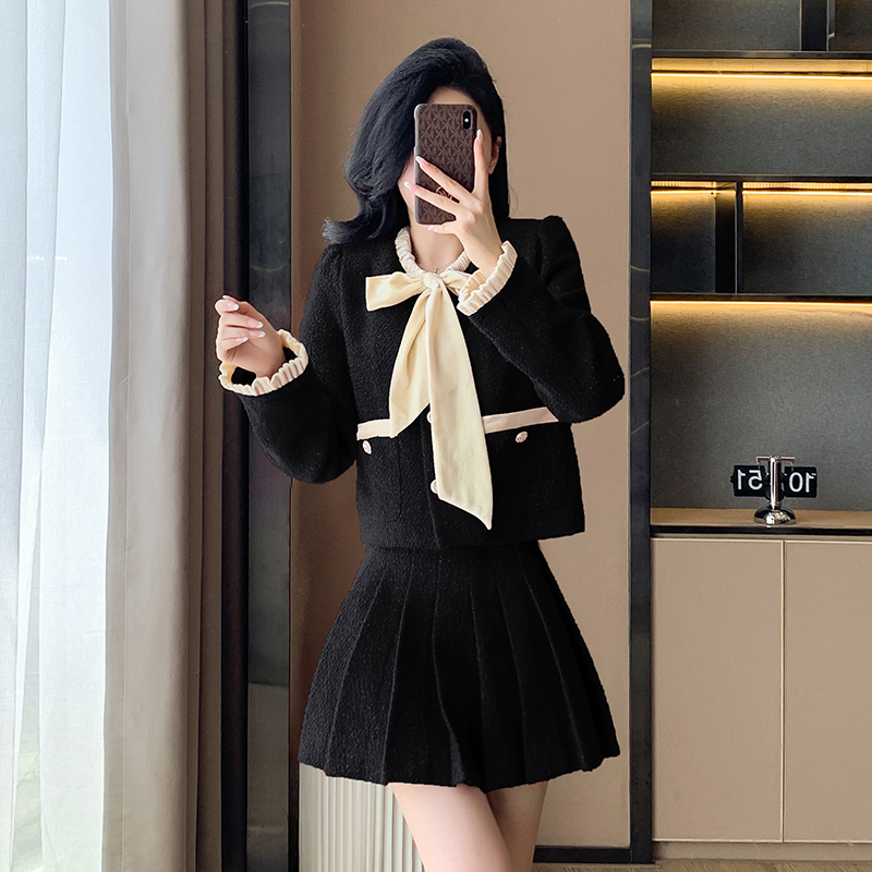 Bow autumn coat crimp short skirt 2pcs set for women