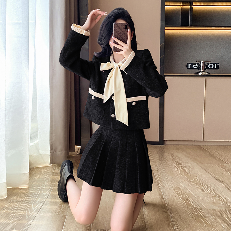 Bow autumn coat crimp short skirt 2pcs set for women