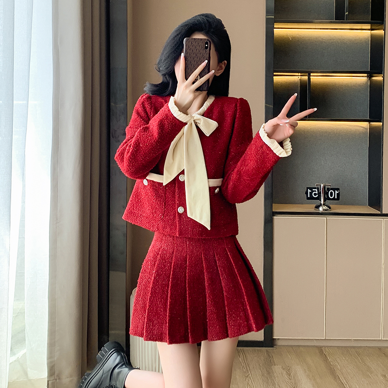 Bow autumn coat crimp short skirt 2pcs set for women