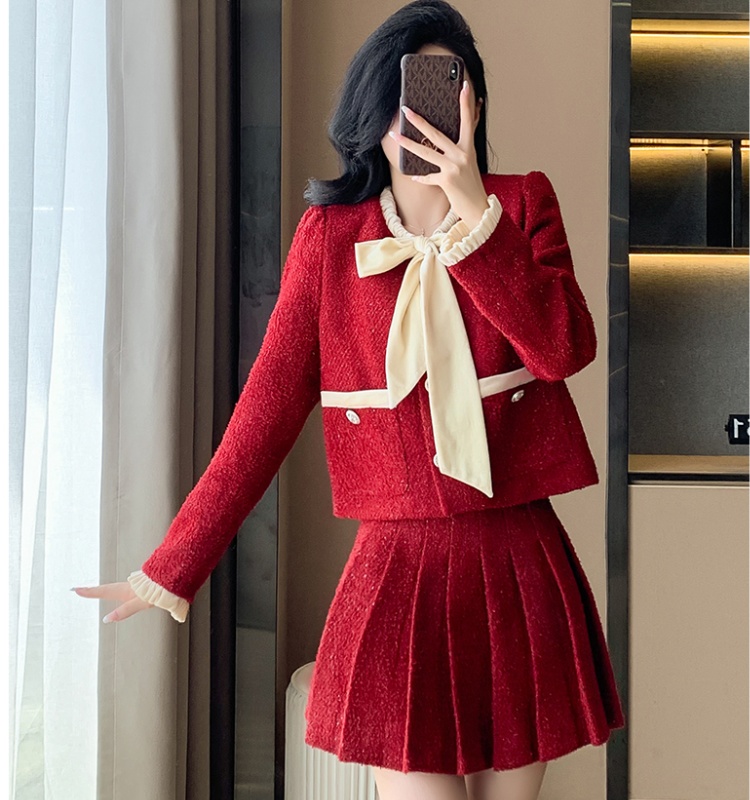 Bow autumn coat crimp short skirt 2pcs set for women