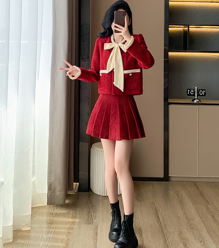 Bow autumn coat crimp short skirt 2pcs set for women