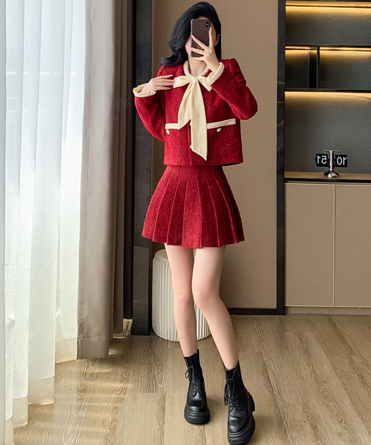 Crimp short skirt chanelstyle coat 2pcs set for women