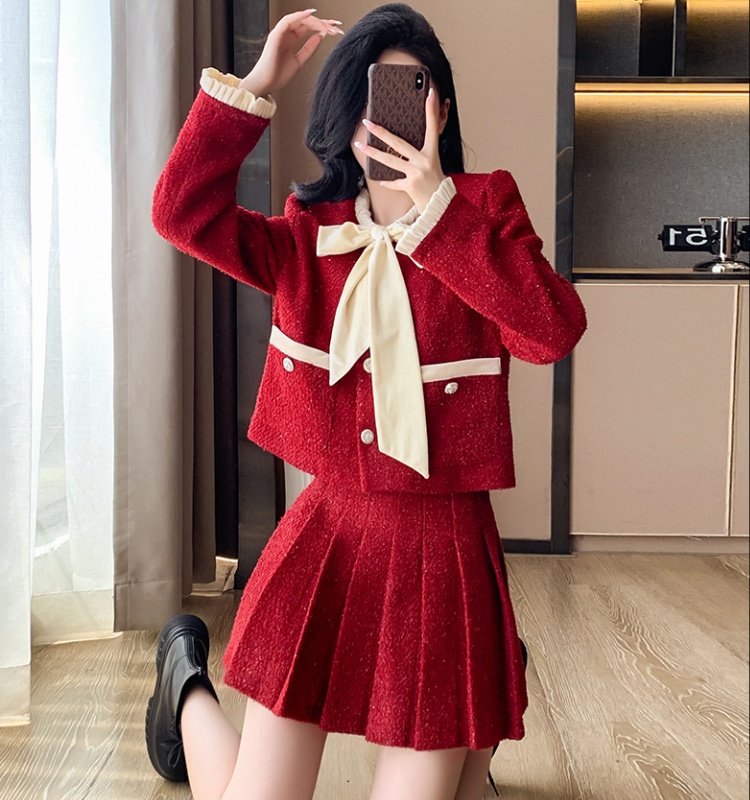 Crimp short skirt chanelstyle coat 2pcs set for women