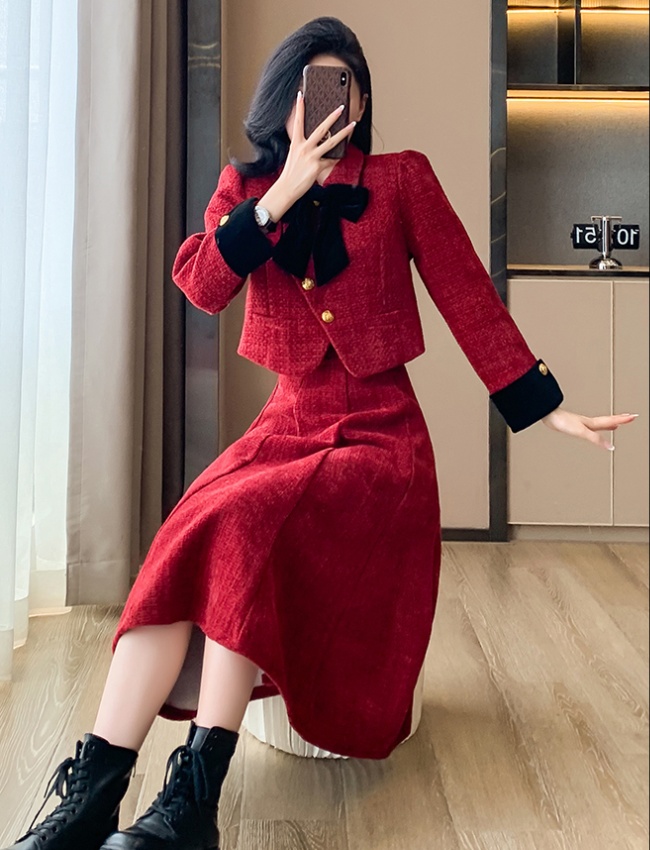 Bow chanelstyle tops mermaid coat 2pcs set for women