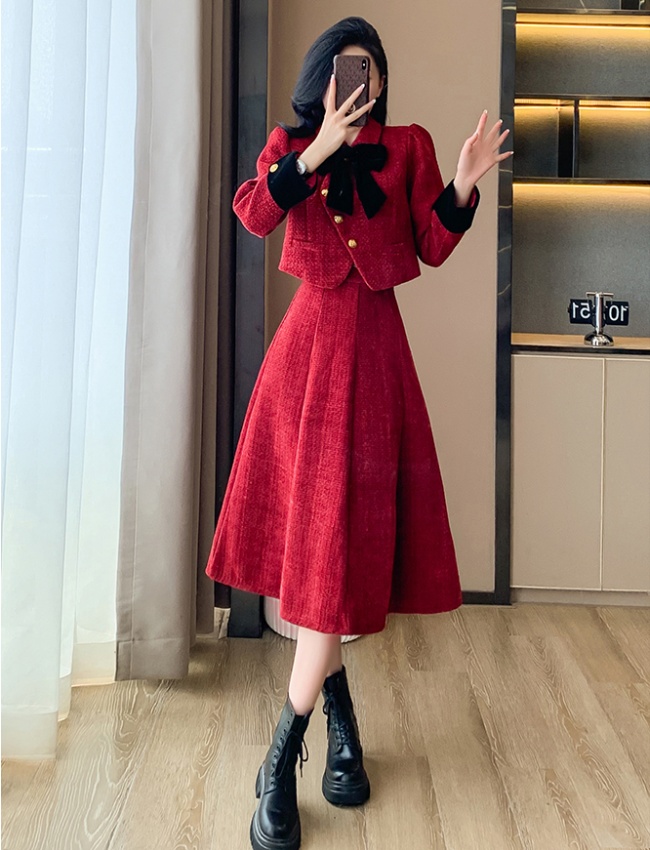 Bow chanelstyle tops mermaid coat 2pcs set for women