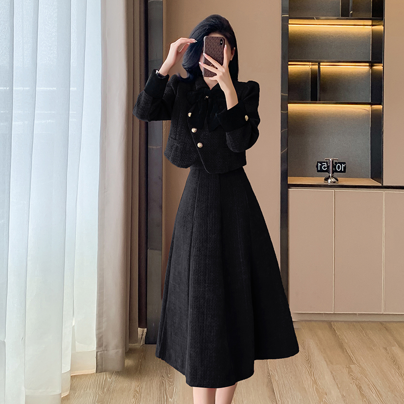 Winter clip cotton tops bow long skirt 2pcs set for women