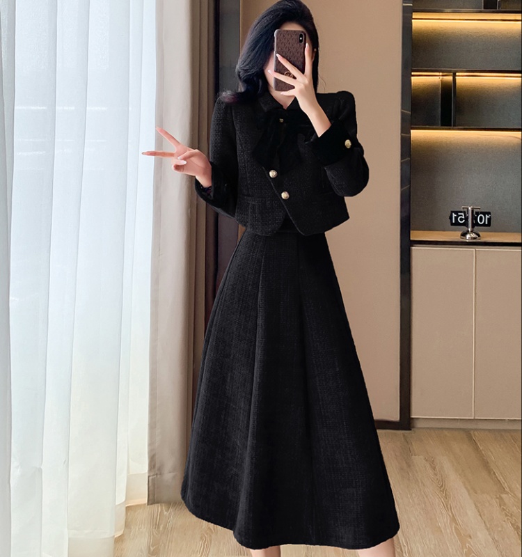 Winter clip cotton tops bow long skirt 2pcs set for women