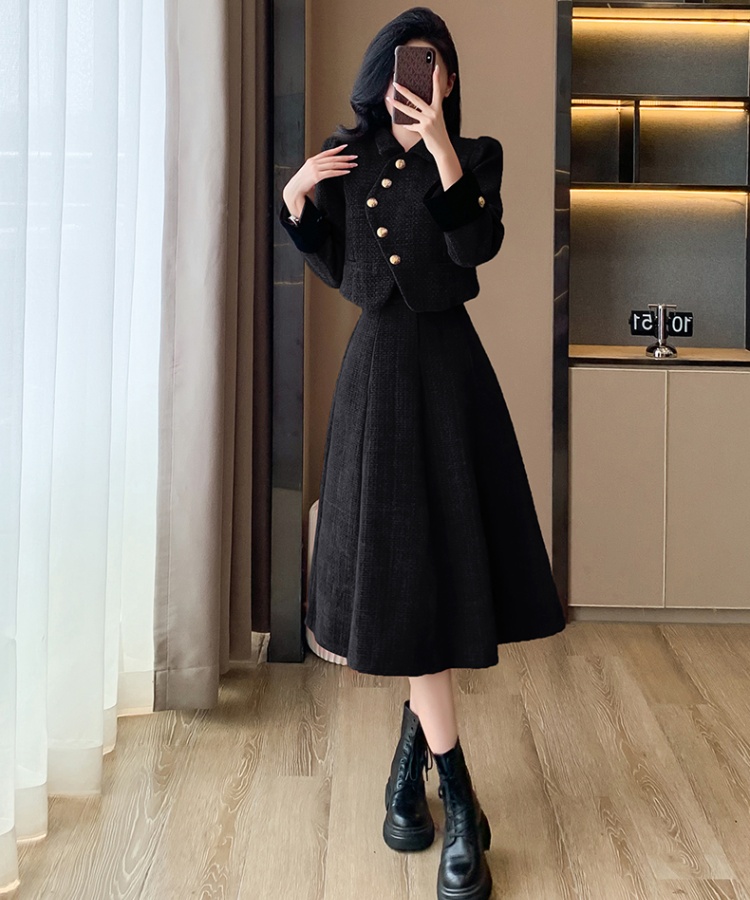 Winter clip cotton tops bow long skirt 2pcs set for women