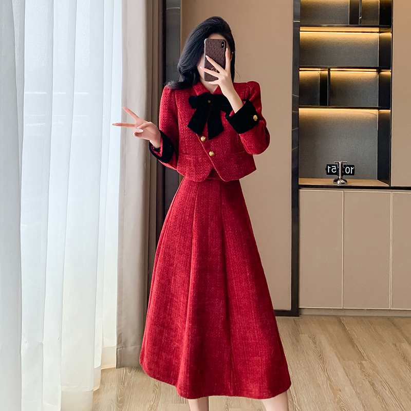 Winter clip cotton tops bow long skirt 2pcs set for women