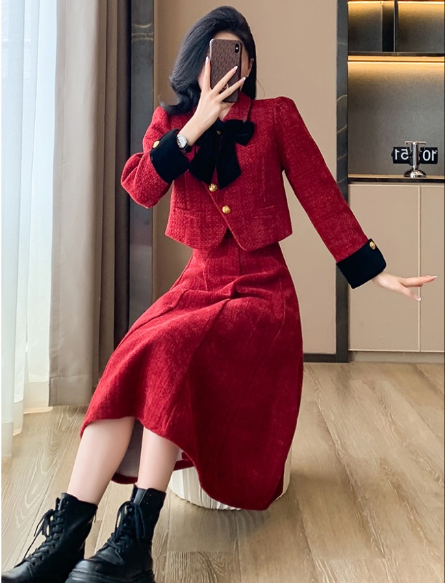 Winter clip cotton tops bow long skirt 2pcs set for women