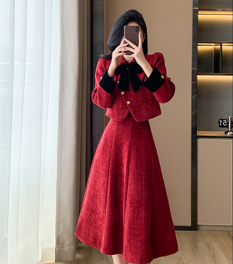 Winter clip cotton tops bow long skirt 2pcs set for women