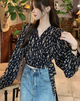 Floral retro Korean style shirt V-neck unique tops