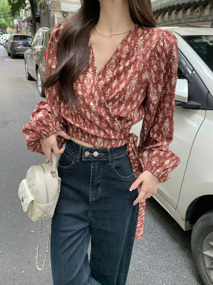 Floral retro Korean style shirt V-neck unique tops