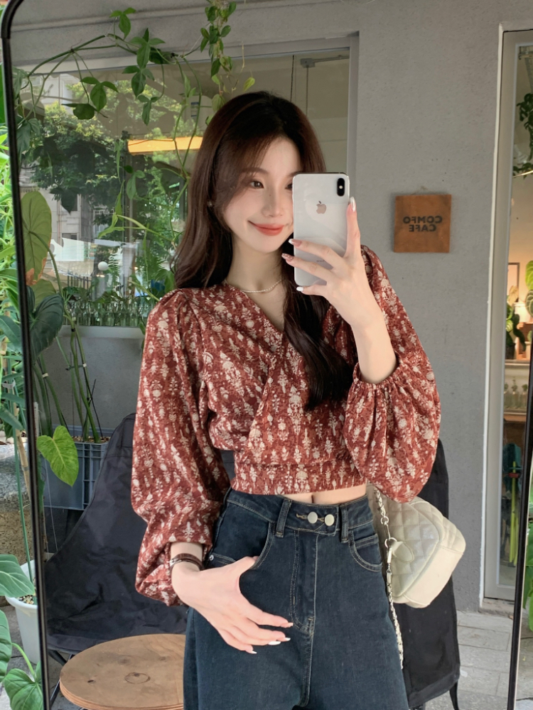 Floral retro Korean style shirt V-neck unique tops