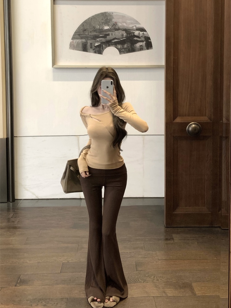 Bottoming slim flare pants tight high waist T-shirt 2pcs set