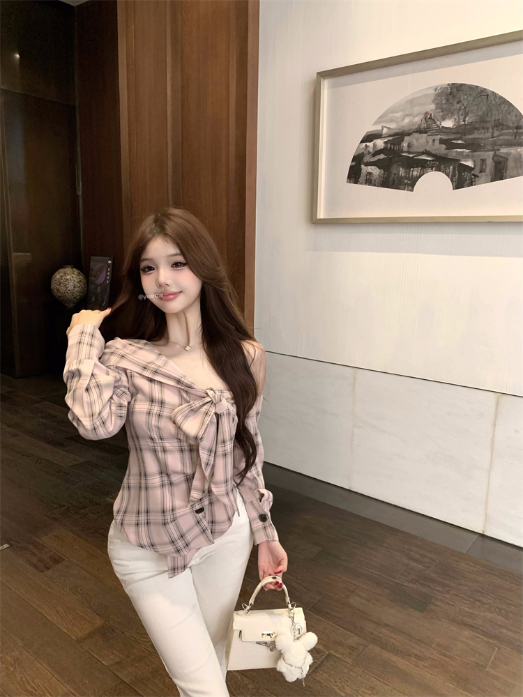 Enticement elastic retro tops bow plaid shirt for women